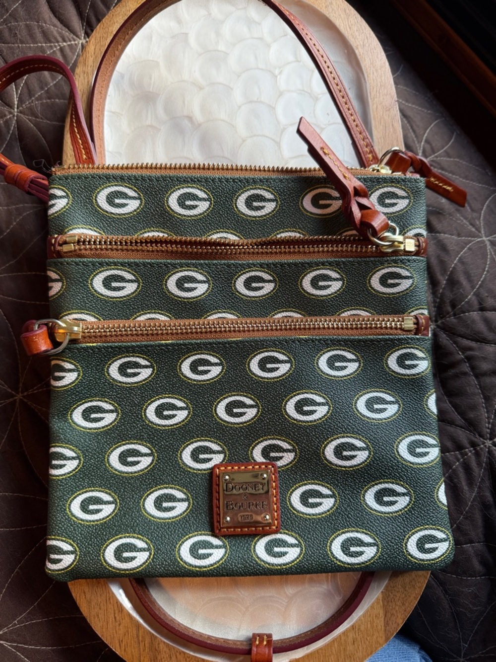 Dooney & Bourke Green and White Packers Print Crossbody Messenger Bag